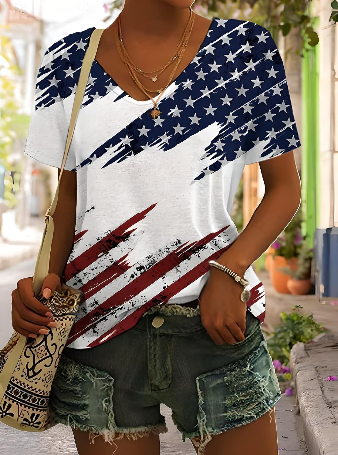Independence Day Patriotic Women's T Shirt Graphic Plants Flag Vintage Stylish Classic Short Sleeve V Neck Regular Tops Daily Weekend Print Black White Red Light Brown Blue 2026 - $21.99 –P5