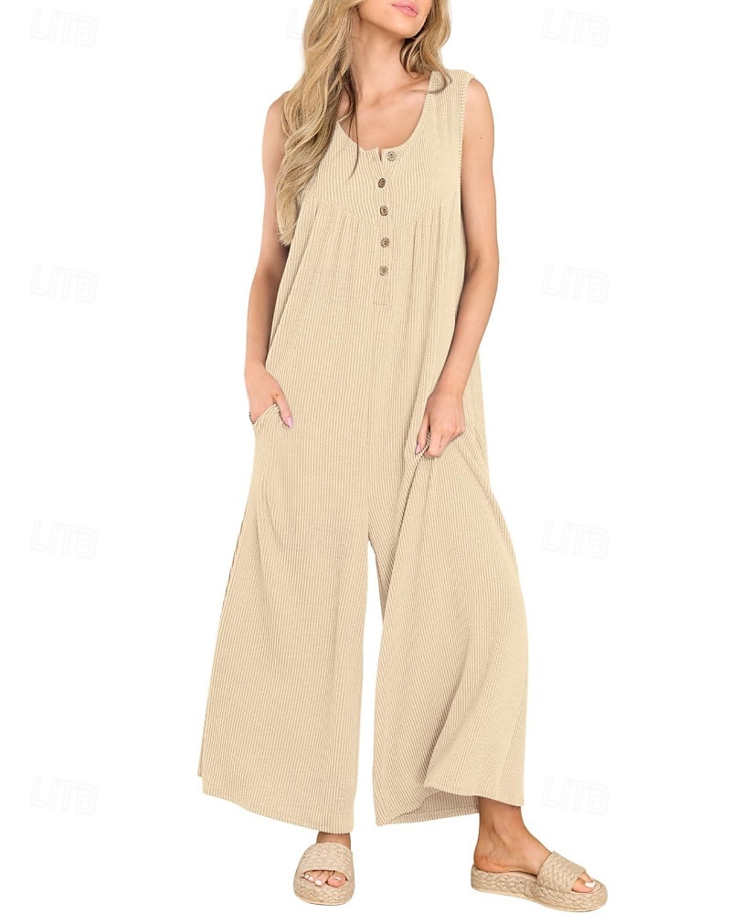 Női Szabályos Jumpsuitek Utcai sikk Tömör szín Ujjatlan U-alakú Gombok Zseb Utca Napi Normál Fekete Sötétkék Medence Nyár 2025 - zł111.96 –P5