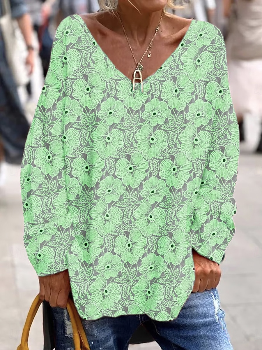Women's T Shirt Floral Graphic Elegant Vintage Fashion Long Sleeve V Neck Regular Tops Daily Weekend Print Pink Blue Purple Green Spring Fall 2025 - $29.99 –P3