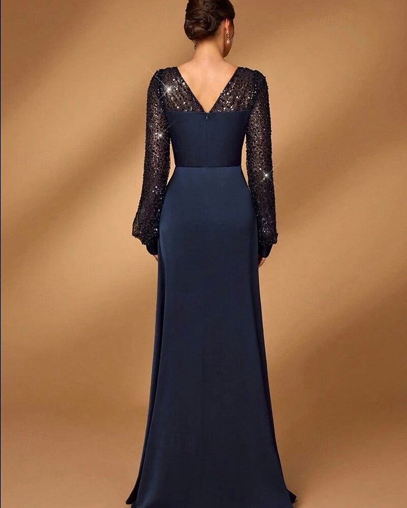 A-Line Mother of the Bride Dress Elegant Simple Minimalist V Neck Floor Length Satin Sequined Long Sleeve with Pleats 2025 - $145.99 –P4