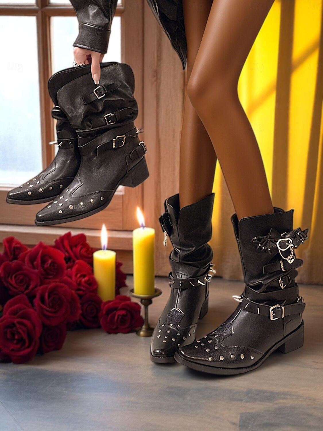 Bottines noires punk gothiques pour femmes avec détails chauve-souris et croix - design à pointes et clous, mode alternative des années 1980, idéales pour les événements de la vie nocturne, les fêtes de 2025 ? $46.99 –P2