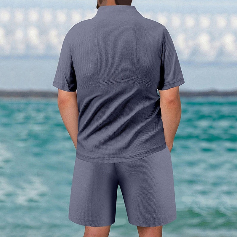 Men's Waffle Shirt T-shirt Suits 2 Pieces Outfits Tee & Shorts Short Sleeve Quarter Zip Summer Plain Fashion Casual 2 Piece Vacation Daily Wear Going out Black khaki Gray Top Tee for Men 2025 - $38.99 –P8