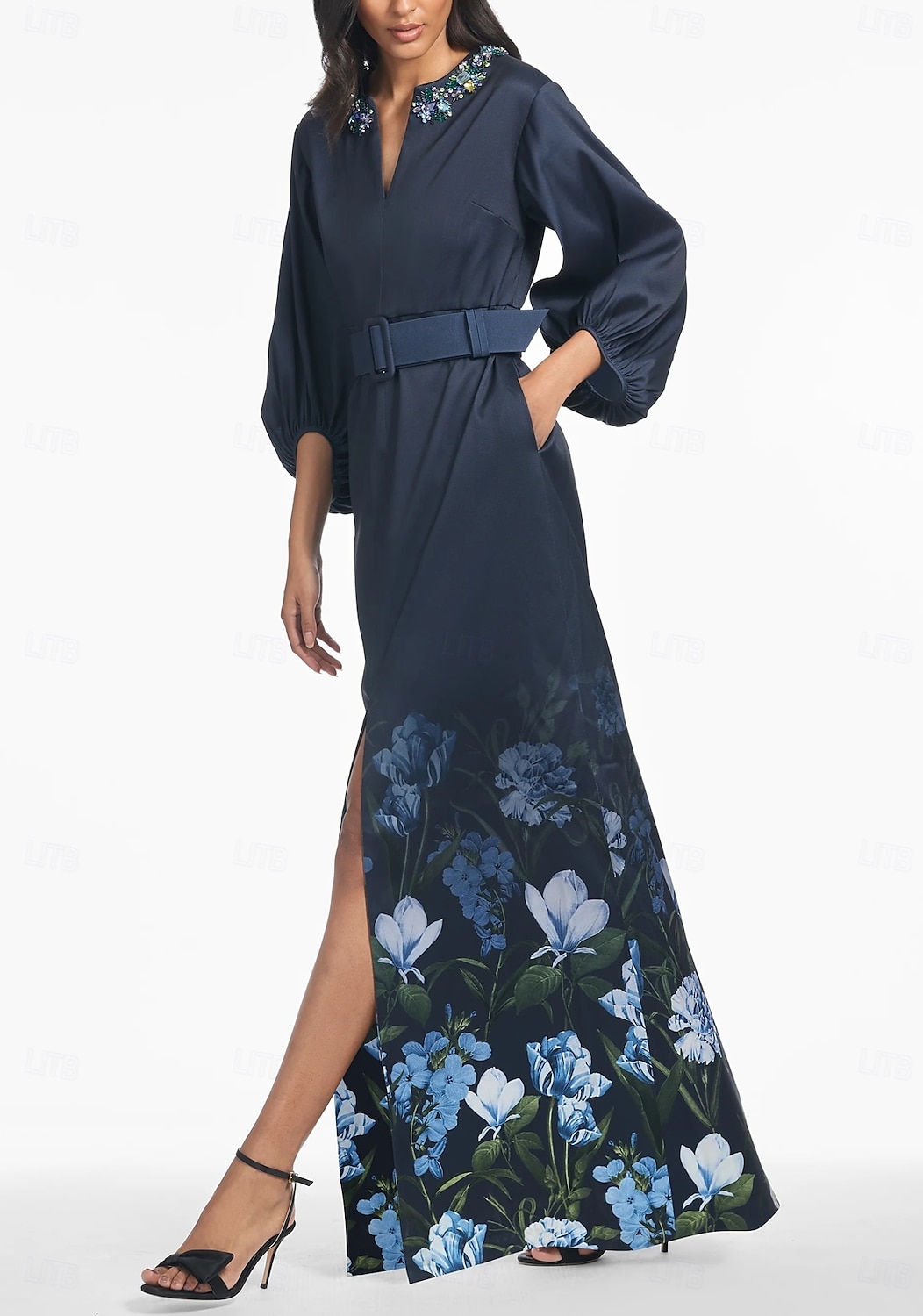 A-linje kveldskjole elegant kjole formell bryllup gulvlang kortermet V-hals lommer sateng med blomstertrykk 2025 - $152.99 –P3