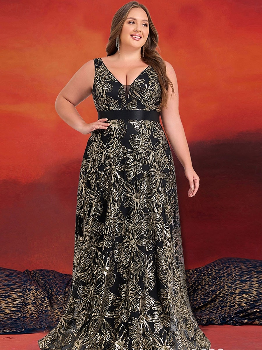 A-Linie Plus Size Kleider Elegantes Kurvenkleid Formelles Hochzeitskleid Bodenlang Ärmellos V-Ausschnitt Spitze mit Pailletten 2025 2025 - $109.99 –P4