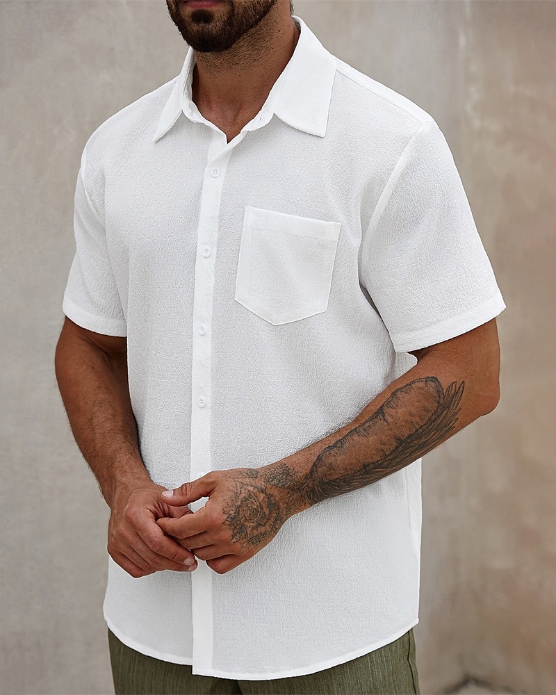 Men's Shirt Summer Shirt Casual Shirt Beach Shirt Button Up Shirt White Short Sleeve Plain Lapel Vacation Hawaiian Clothing Apparel Polyester Fashion Casual Comfortable 2025 - $22.99 –P2