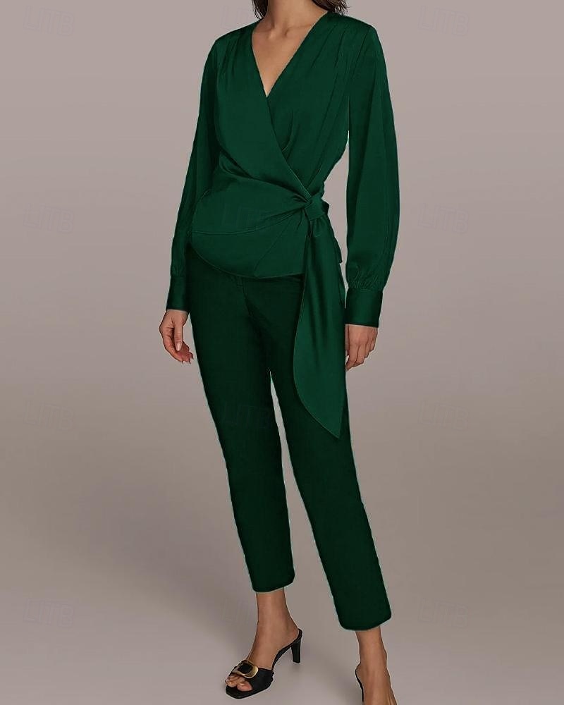 Two Piece Jumpsuit / Pantsuit Pantsuit Mother of the Bride Pantsuit Elegant Vintage Simple V Neck Ankle Length Satin Top Stretch Crepe Pants V Long Sleeve with Bow(s) Ruched 2025 - $130.99 –P5