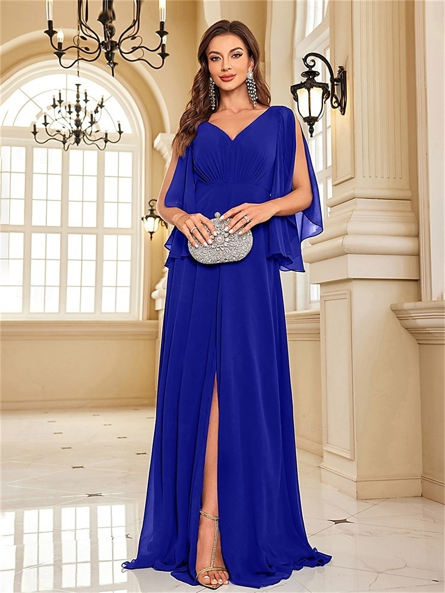 A-vonalú Quinceanera Ruhák Elegáns Ruha Formális Esküvői Padlói Hosszú Ujjú V Kivágású Chiffon V Hátsó Fodros Hasítékkal 2025 - $99.99 –P2