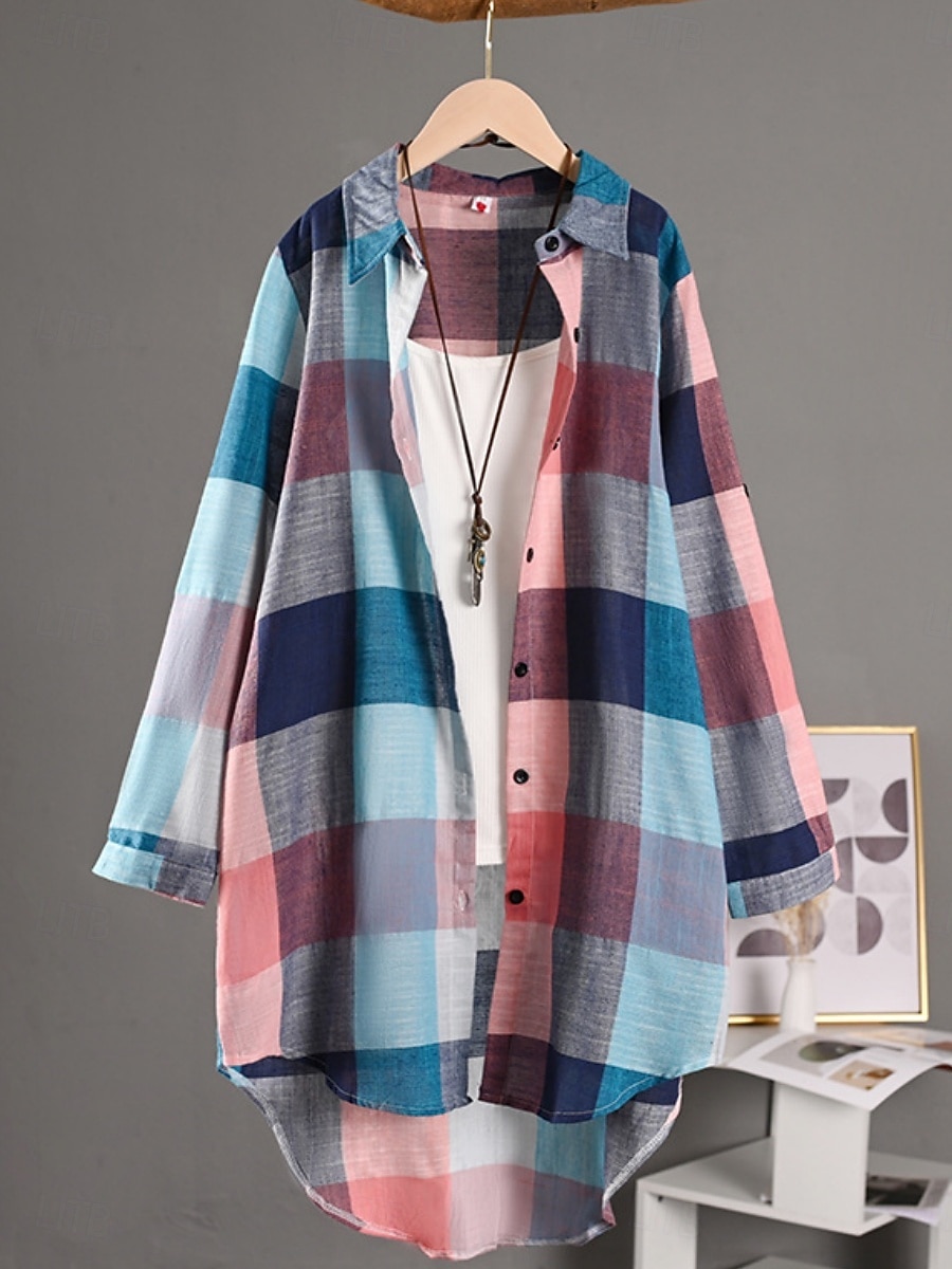 Damskie Szałat Wygodny Oddychający Guziki Nadruk Codzienny Kratka Urlop Ulica Codzienny Dzienne zużycie Guziki jednorzędowe Długie Wieczorne Regularny Długi rękaw Odzież wierzchnia Czarny i biały 2025 - $22.99 –P1