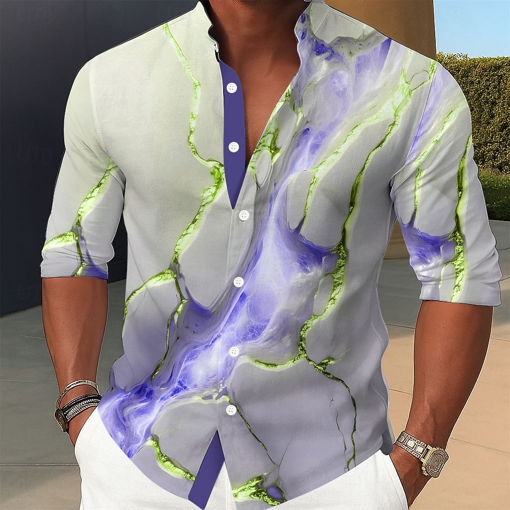 Homme Dégradé Or Marbre Chemise Chemise Boutonnée Chemise à col montant manche longue Occasionnel Extérieur Vacances Quotidien Printemps Automne Col mandarin Band Collar Impression 3D Chemise en lin de 2025 ? $25.99 –P5