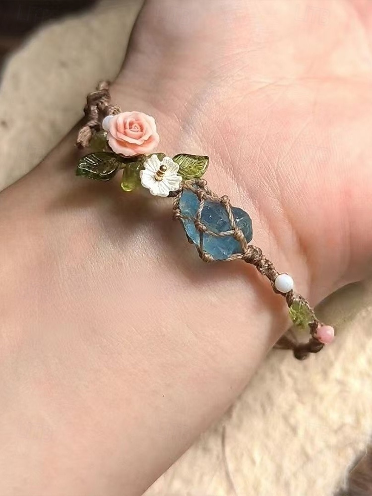 Bracciale da donna fatto a mano con pietre preziose floreali – perline di cristallo naturale, stile boho regolabile, ideale per abbigliamento casual, regali e outfit ispirati alla natura del 2025 a $14.99 –P4