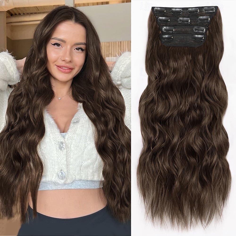 Extensions de cheveux à clips pour femmes, cheveux longs ondulés, brun chocolat et brun foncé, 4 pièces, 24 pouces, synthétiques, doux et naturels, épais de 2025 ? $26.99 –P1