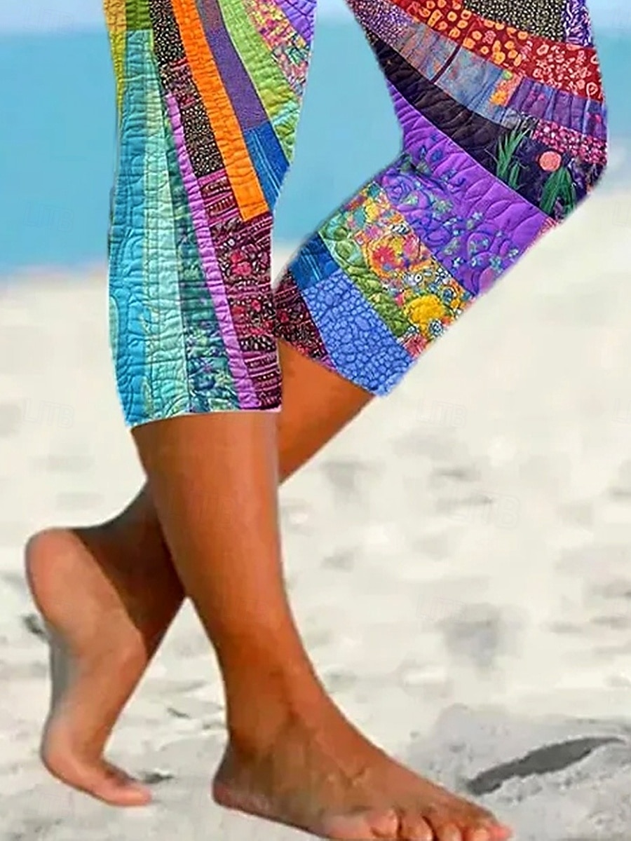Women's Leggings Capri Pants High Elasticity Vacation Fashion Hawaiian Calf-Length Mid Waist Graphic Patchwork Printing Breathable Soft Vacation Casual Daily Rainbow Summer Spring Regular Fit 2025 - $18.99 –P3