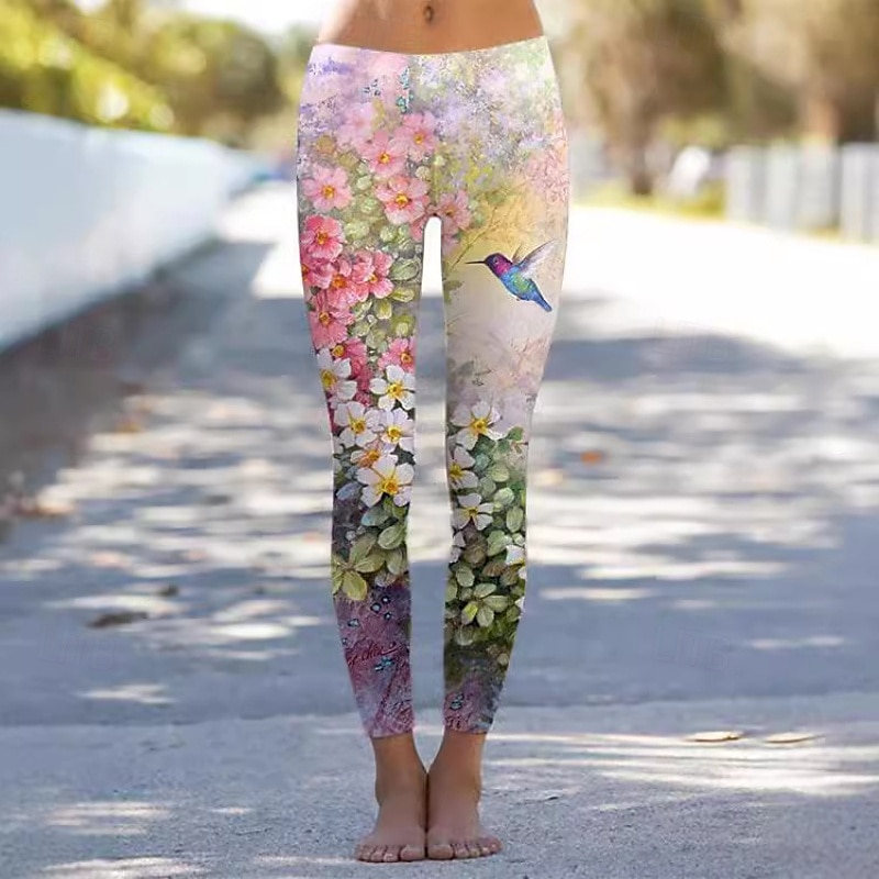 Dame Bukser Leggings Gatemote Fritid Full lengde Naturlig Blomsternål i krystall Elastisk midje Trykt mønster comfy Utendørs Bekvem Gate Ferie Helg Marineblå Svart Hvit Rosa Høst Normal 2025 - $16.99 –P4