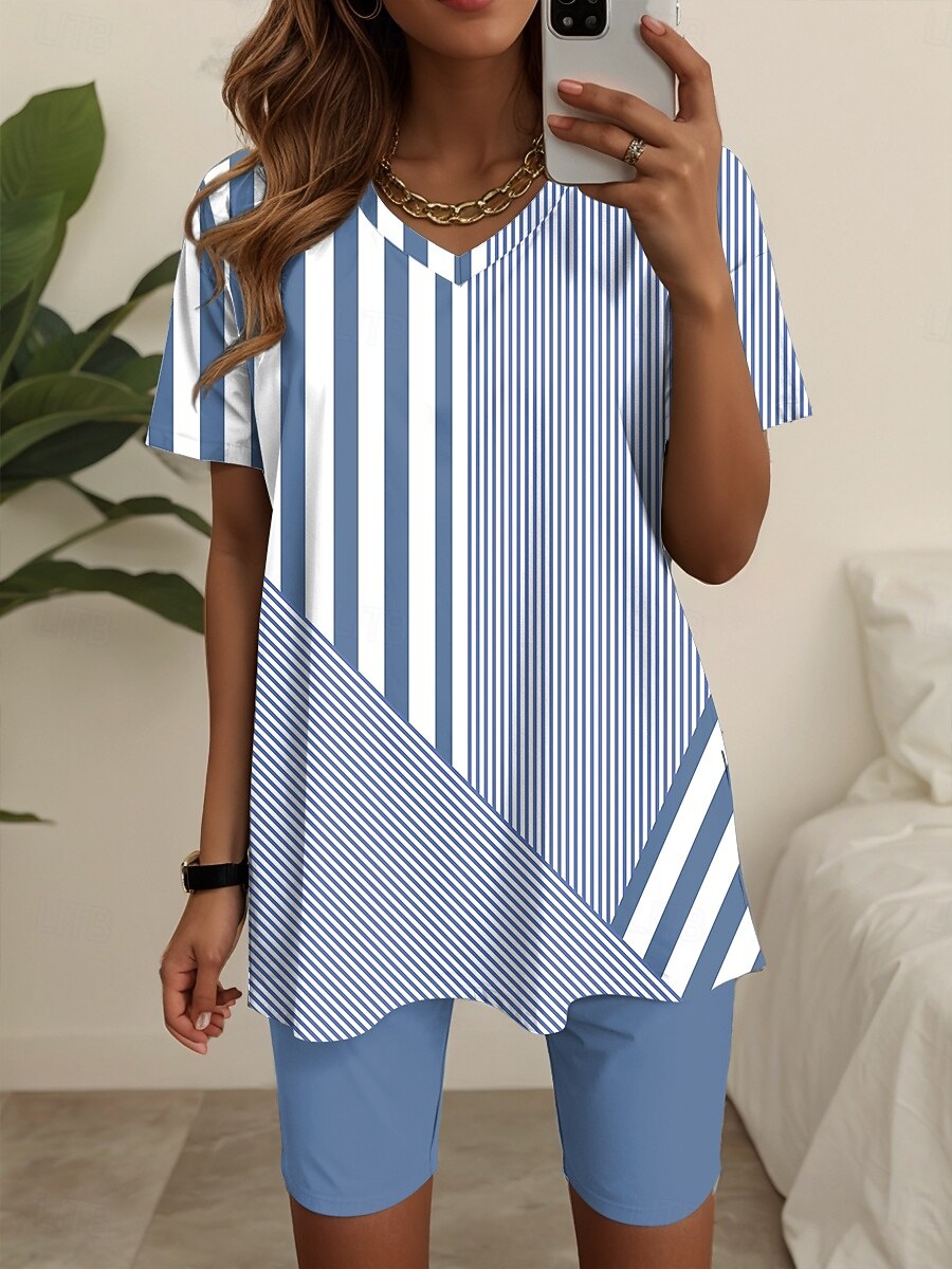 Femmes Mode T-shirt Ensembles de Shorts Manche Courte Col en V Graphique Rayé Imprimé Décontracté Quotidien Bleu Violet Vert Été Coupe Ample de 2025 ? $29.99 –P1