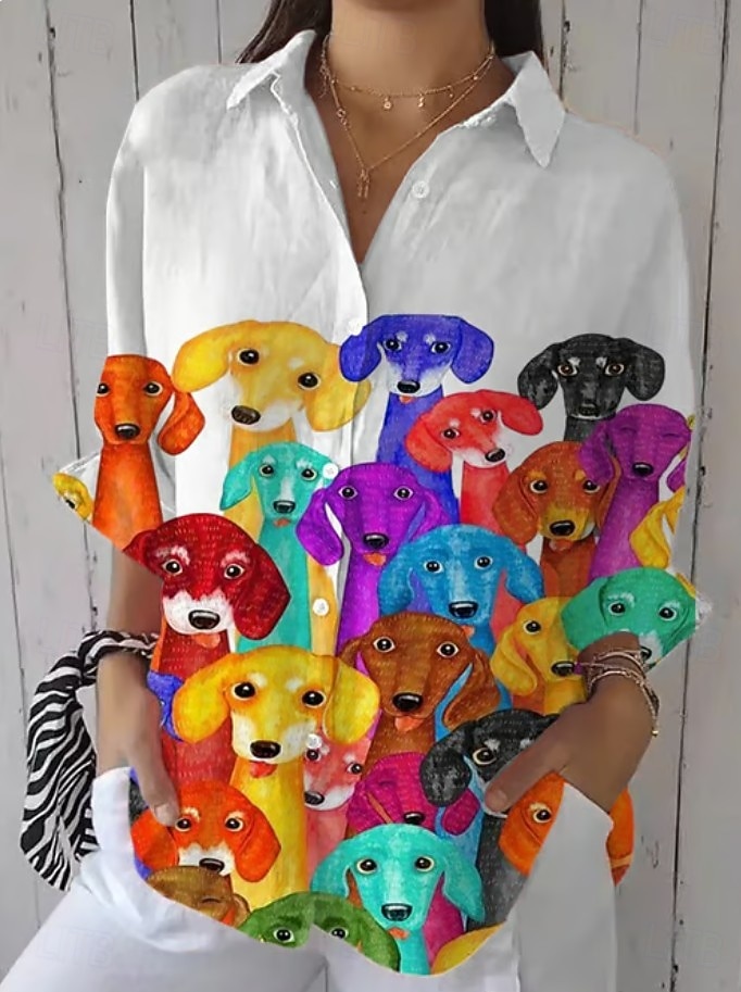 Γυναικεία Μπλουζάκι Κουμπί Κάτω Τουνίκ Shirt Γιακάς Μακρύ Μανίκι Ombre Σκύλος Ενεργό Γλυκό Καθημερινά Κανονικά Μπλουζάκια Εργασίας Εκτύπωση Μαύρο Άσπρο Ροζ Μπλε Πράσινο Άνοιξη Φθινόπωρο 2025 - $32.99 –P1