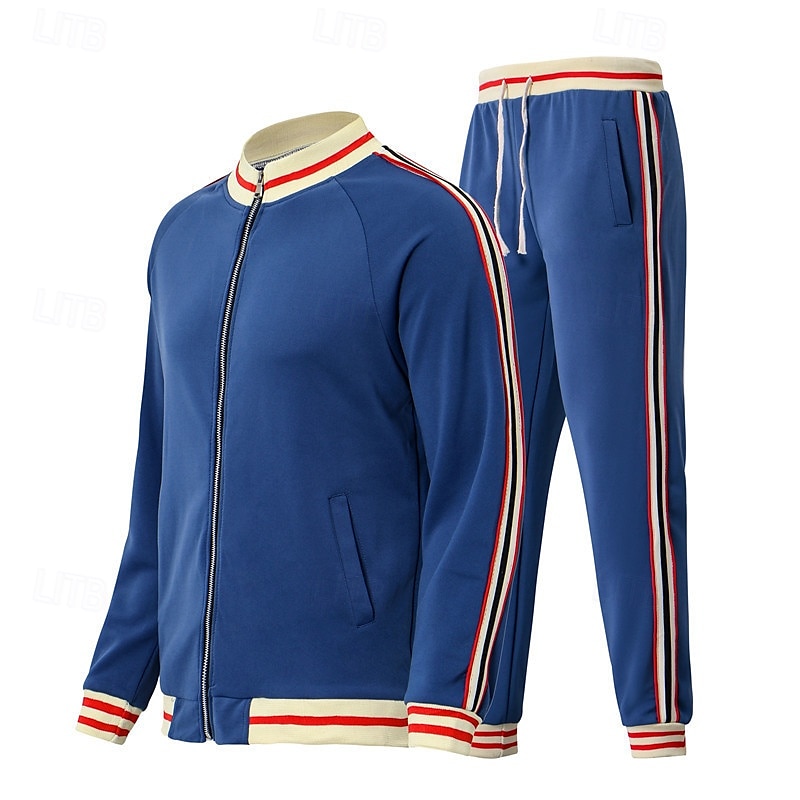 Herren T-Shirt Anzüge Hemd- und Hosensets 2-teiliges Outfit Langarm Stehkragen Sommer Streifen Mode Lässig 2 teilig Urlaub Alltagskleidung Ausgehen Schwarz Rote Marineblau Top T-Shirt für Herren 2025 - $46.99 –P1