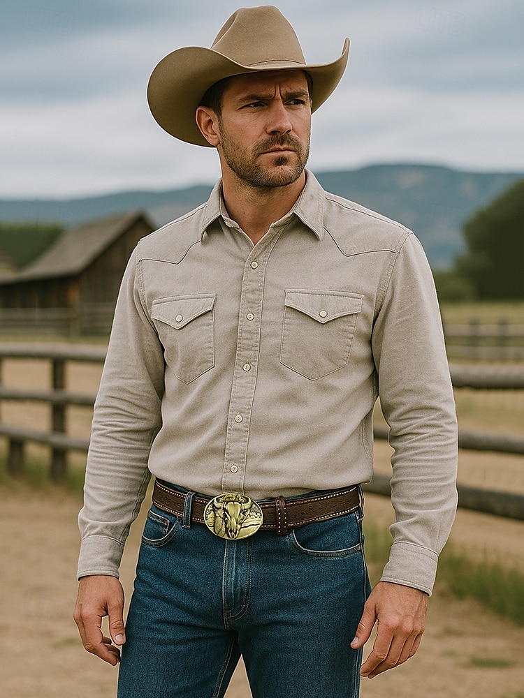 męski pasek ze sztucznej skóry w stylu western z brązową klamrą w kształcie czaszki byka, idealny do codziennych i kowbojskich strojów 2026 - $19.99 –P1