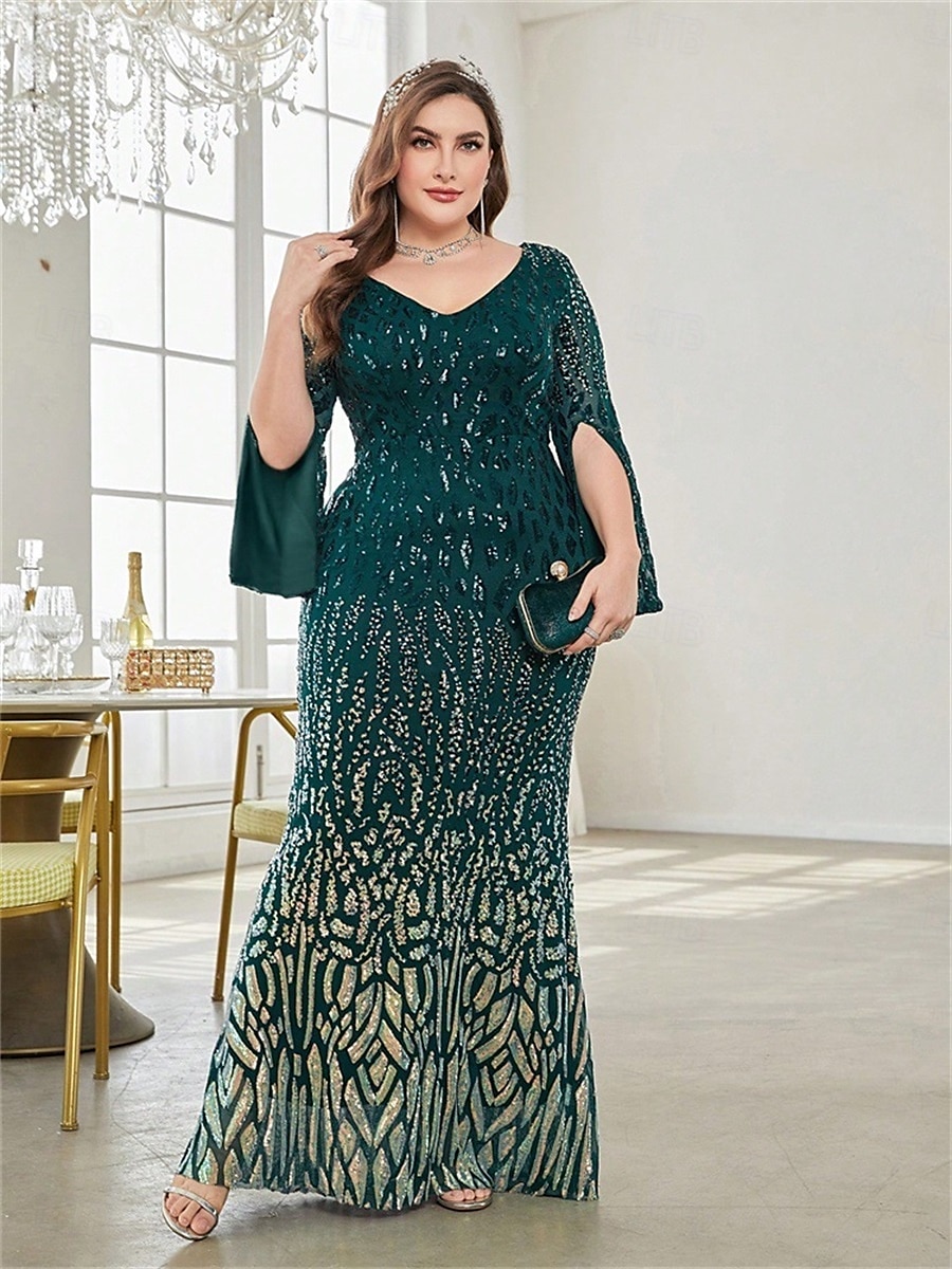 Mermaid / Trumpet Plus Size Dresses Elegant Curve Dress Formal Wedding Floor Length Long Sleeve V Neck Polyester with Sequin 2025 - $119.99 –P19