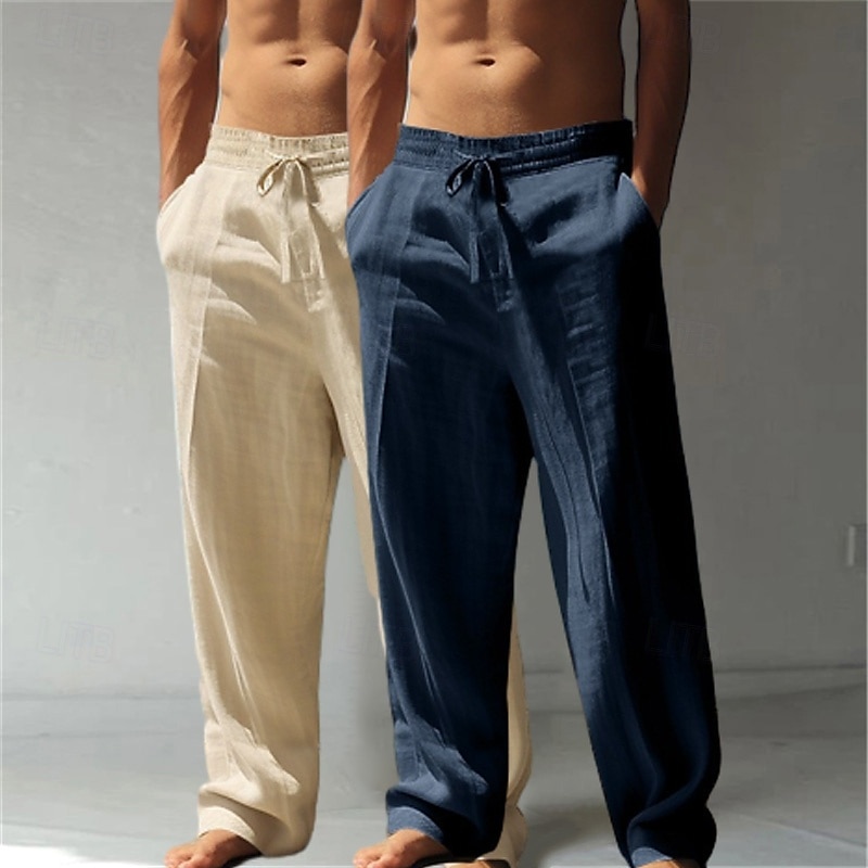 Herren Leinenhosen Hose Sommerhose Baggy-Hosen Strandhose Kordelzug Elastischer Bund Gerader Schnitt Einfach Komfort Atmungsaktiv Volle Länge Lässig Täglich Ferien Urlaub Klassicher Stil Grün + grau 2025 - $27.99 –P8