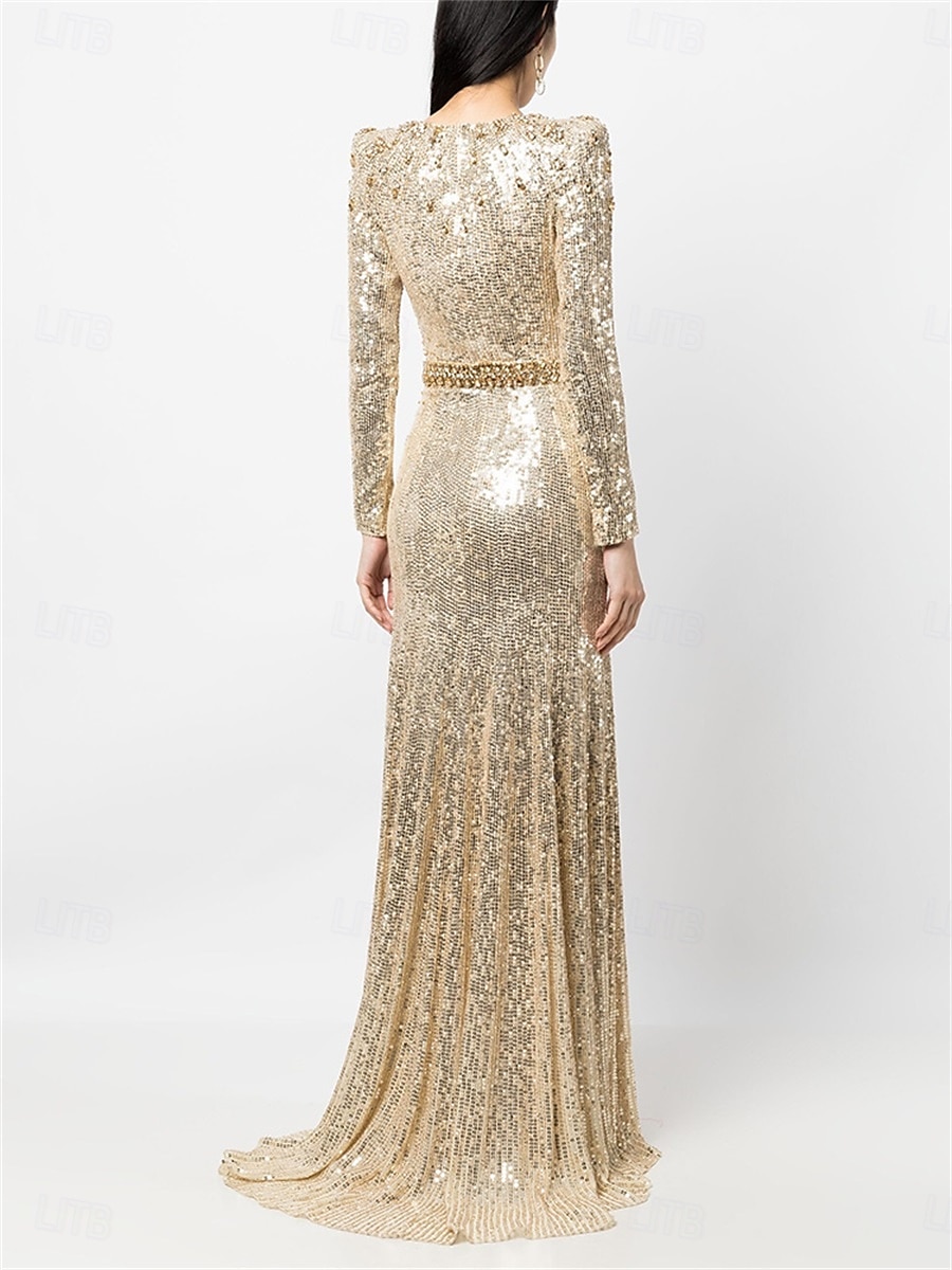 Robe Quinceanera Sirène  Trompette Robes Élégante Robe de Mariage Formelle Longueur Maxi Manches Longues Col Rond Pailletée avec Paillettes de 2025 ? $179.99 –P2
