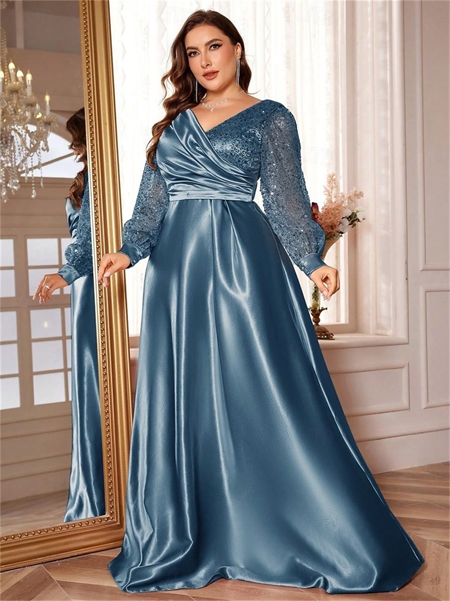 Robe A-Line Grande Taille Élégante Robe Courbe De Mariage Formelle Longue Au Sol Manches Longues Col en V En Polyester Avec Plis 2025 de 2025 ? $119.99 –P29