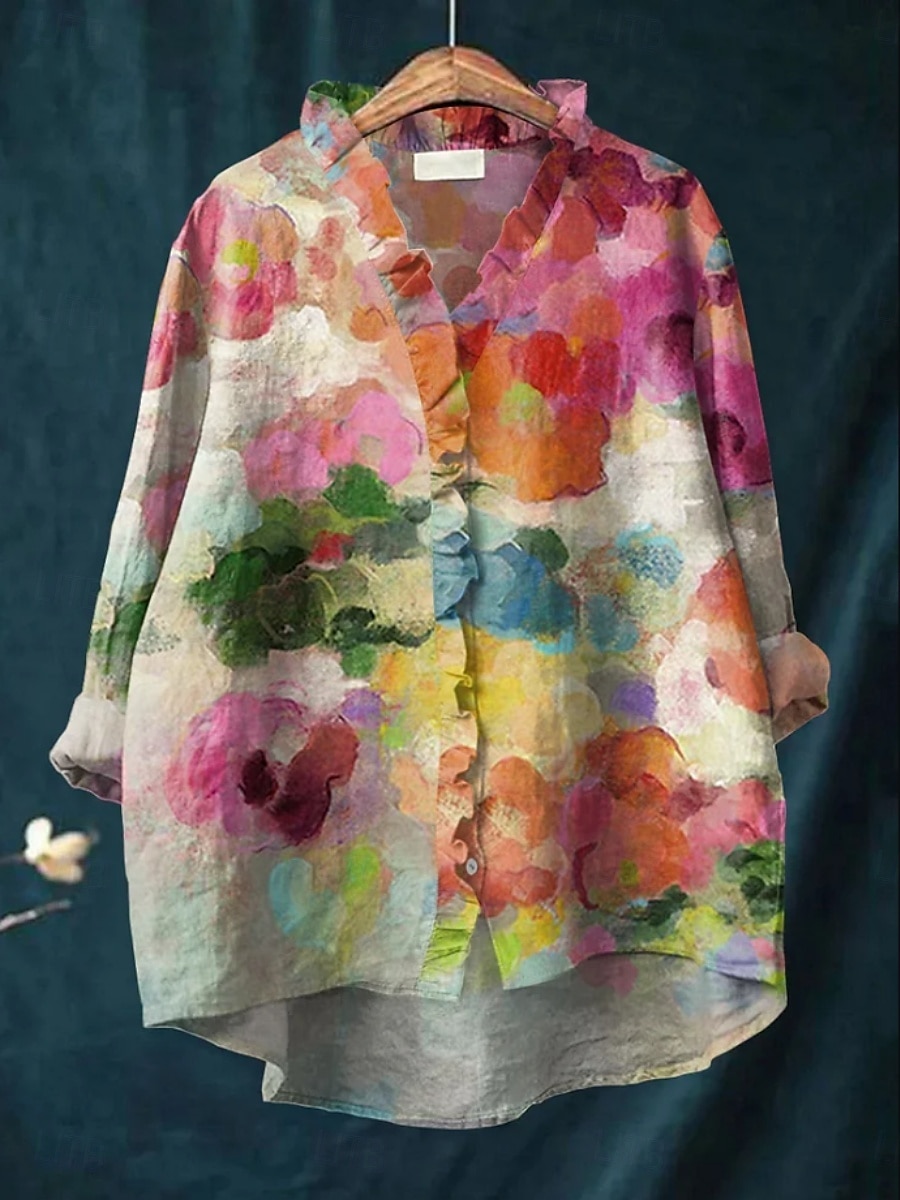 Femmes Chemise Fleuri Élégant Occasionnel manche longue Col en V Hauts Réguliers Quotidien Boutons Imprimé Rose Claire Rouge Bleu Fuchsia Vert Été Printemps de 2025 ? $25.99 –P1