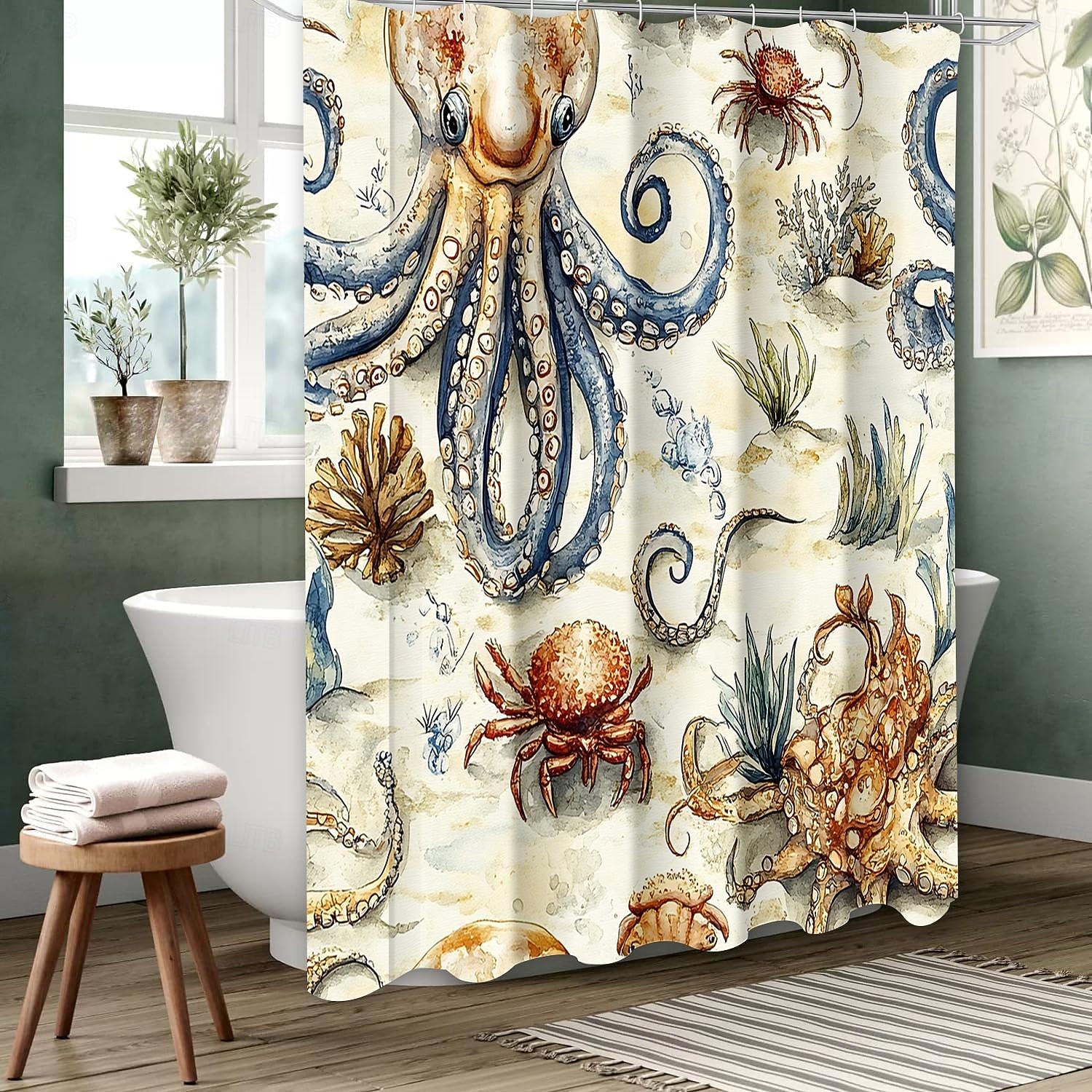 Cortina de ducha con diseño de tortuga marina y ganchos para baño, juego de decoración de baño de poliéster impermeable, paquete de 12 ganchos de plástico 2026 - $21.99 –P7