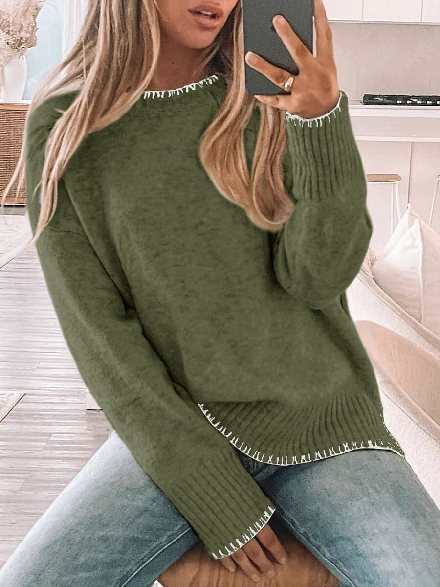 Damen Pullover Lässig Weich Einfarbig Gerippt Rundhalsausschnitt Patchwork Gestrickt Langarm Normale Oberteile Stricken Outdoor Täglich Wochenende Grün Khaki Herbst Winter 2025 - $39.99 –P3