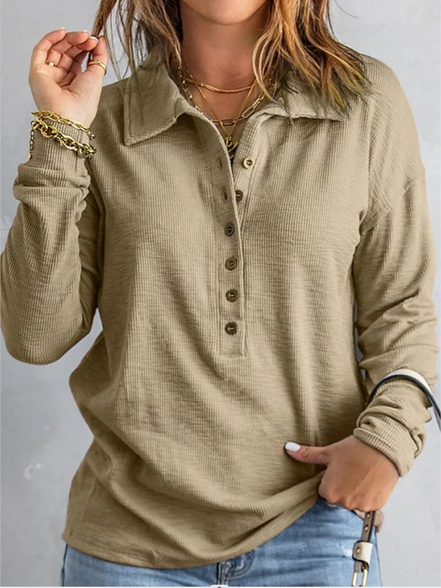 Damen Bluse Knöpfe Einfarbig Stilvoll Basic Lässig Langarm Hemdkragen Normale Oberteile Täglich Schwarz Weiß Marineblau Himmelblau Khaki Sommer Frühling Herbst 2026 - $26.99 –P10