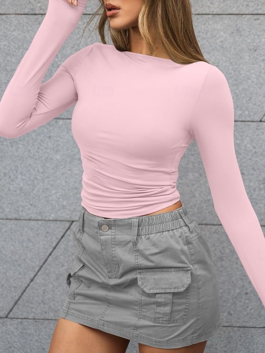 Femmes Hauts moulants Couleur Unie Élégant Occasionnel Y2K manche longue Col ras du cou Hauts courts Quotidien Fête Sortir Noir Blanche Rose Claire Marron Été Printemps de 2025 ? $17.99 –P12