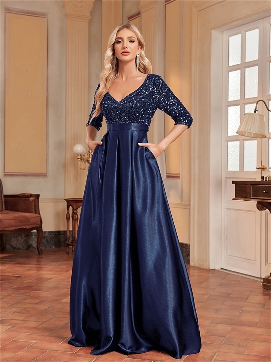 A-Line Quinceanera Dresses Elegant Dress Formal Wedding Floor Length Long Sleeve V Neck Polyester with Sequin 2025 - $99.99 –P16