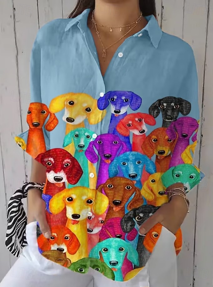 Γυναικεία Μπλουζάκι Κουμπί Κάτω Τουνίκ Shirt Γιακάς Μακρύ Μανίκι Ombre Σκύλος Ενεργό Γλυκό Καθημερινά Κανονικά Μπλουζάκια Εργασίας Εκτύπωση Μαύρο Άσπρο Ροζ Μπλε Πράσινο Άνοιξη Φθινόπωρο 2025 - $32.99 –P2