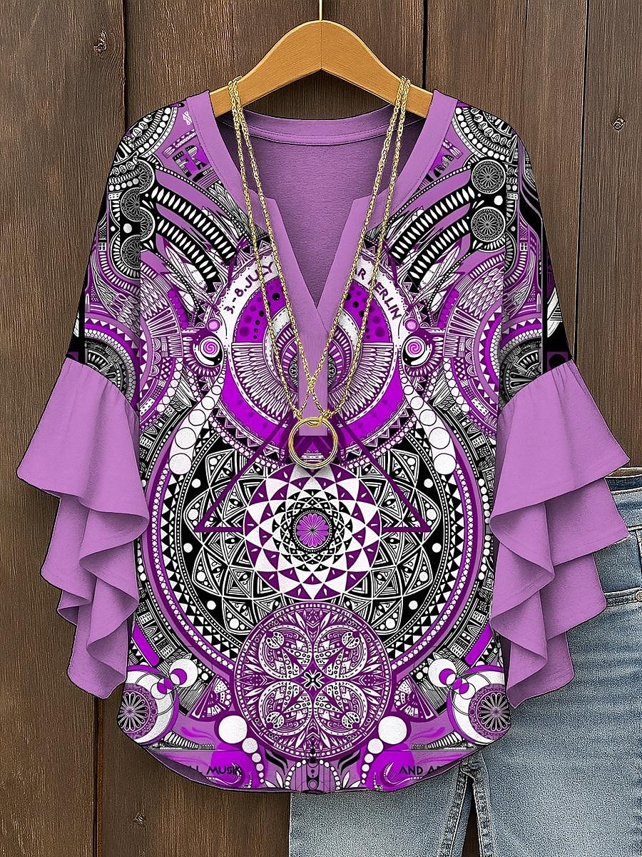 Dámské Halenka Grafika Geometrický Elegantní Čechy Geleneksel 3/4 délka rukávu Do V Běžné topy Denní Dovolená Oblečení na dovolenou Volány Tisk Žlutá Světlá růžová Vodní modrá Fialová Trávová zelená 2025 - $29.99 –P1