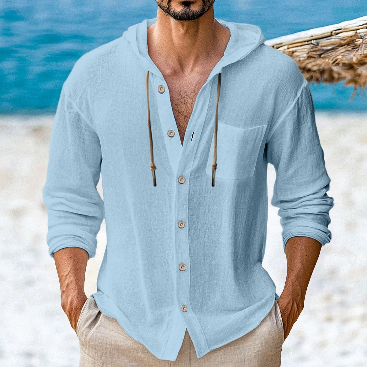 Men's Shirt Linen Shirt Beach Wear Button Up Shirt Hooded Shirt Plain Vacation Casual Black White Green Khaki Long Sleeve Hooded Spring & Summer Clothing Apparel Buttons 2026 - $25.99 –P4
