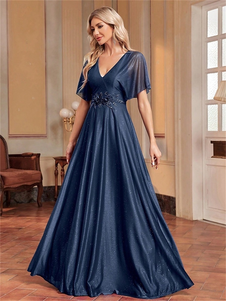 A-Linie Quinceanera Kleider Elegantes Kleid Formelle Hochzeit Bodenlang Kurzarm V-Ausschnitt Chiffon mit Falten 2025 - $99.99 –P5