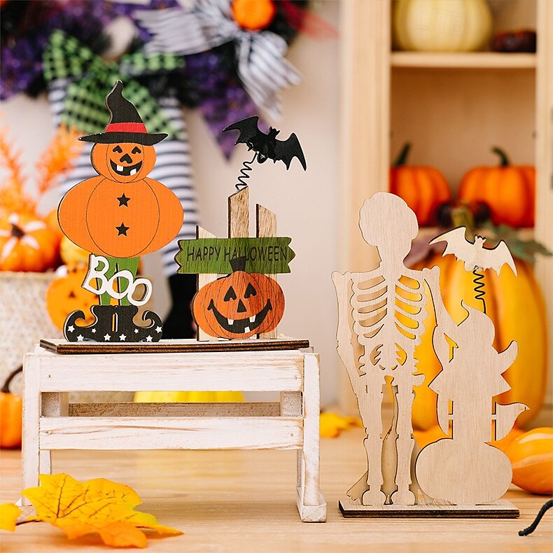 2 stk. halloween-skjelett i tre som borddekorasjon, fjærende hodeskalle med gresskar og flaggermus, skummel bordpynt til halloween-festdekorasjon 2025 - $9.99 –P5