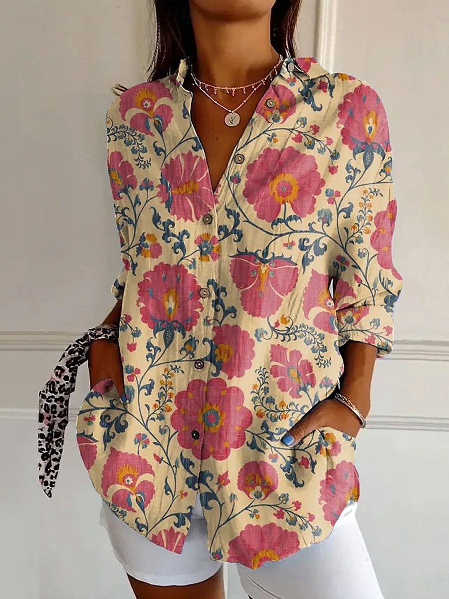Women's Shirt Floral Graphic Geometric Daily Stylish Modern Long Sleeve Shirt Collar Regular Tops Work Daily Buttons Print White Pink Blue Orange Green Summer Spring 2025 - $32.99 –P1
