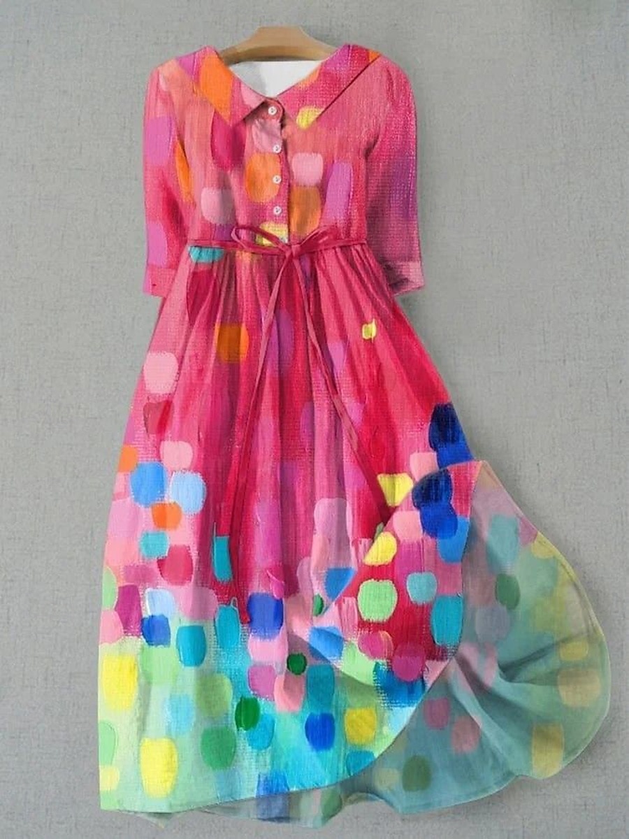 Women's Midi Dress Shift Dress Casual Daily Regular Fit Graphic Geometric Half Sleeve Lapel Pink Blue Green Summer Spring 2025 - $37.99 –P1