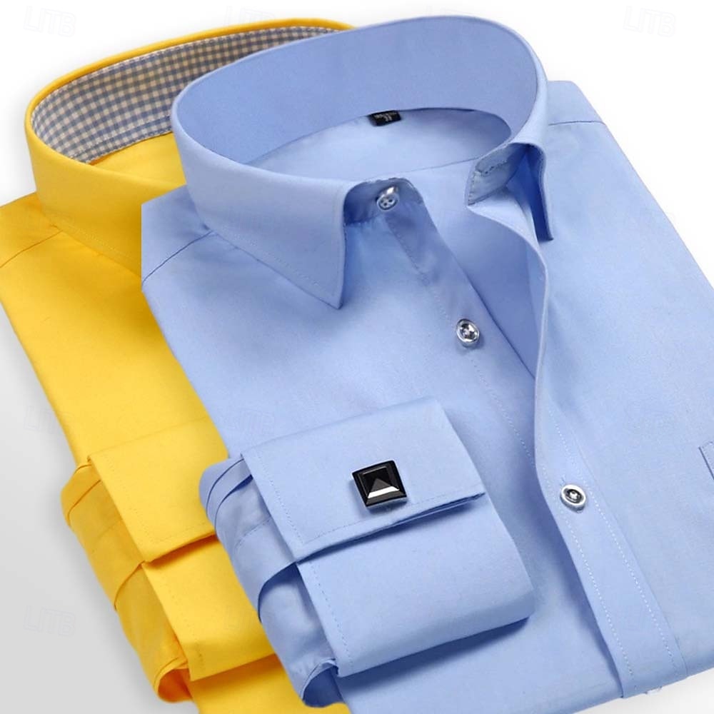 2025年 男性用 シャツ ドレスシャツ フレンチカフシャツ 平織り 結婚式 ビジネス ピンクとパープル ブルーとライトブルー 黄色 + 青 イエロー+ピンク 長袖 カラー オールシーズン 衣類 ポケット  コレクション – $33.99 –P8