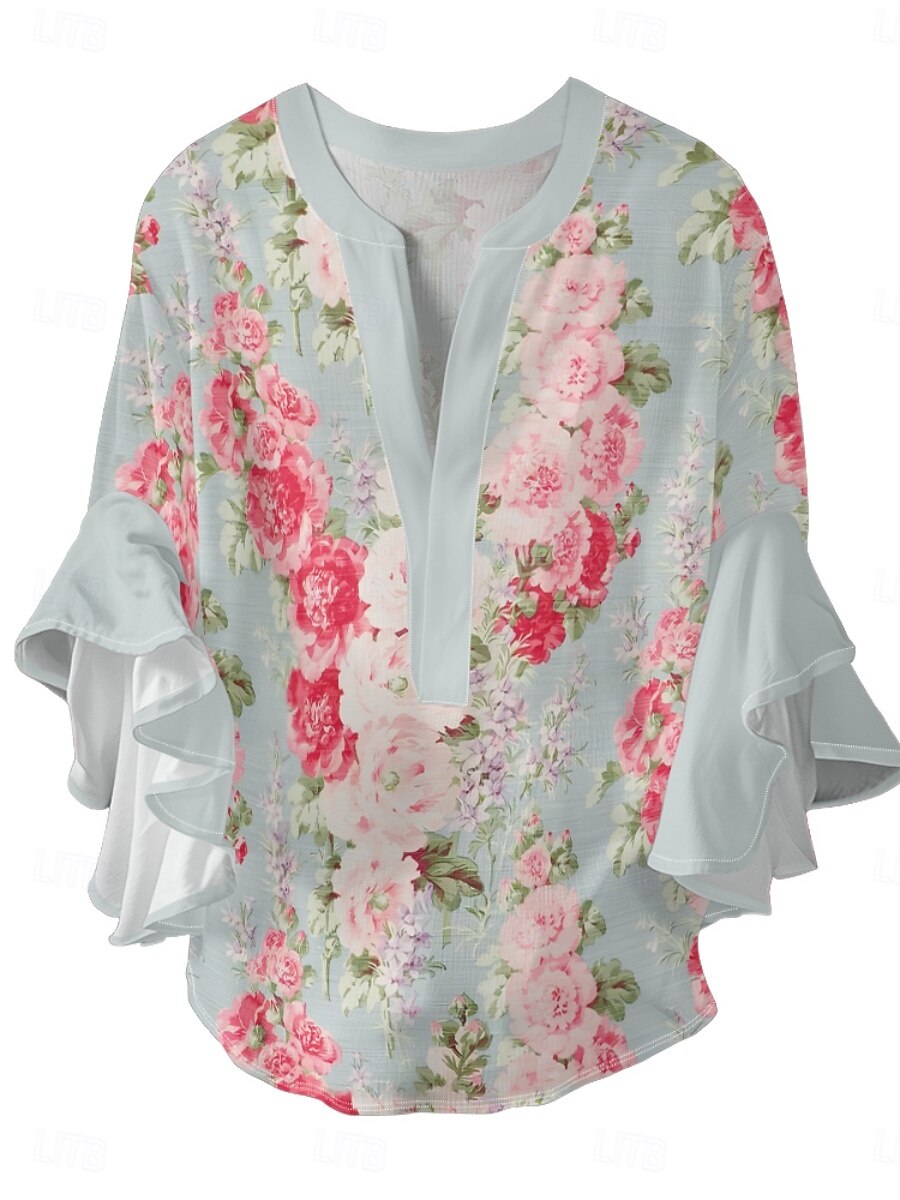 Γυναικεία Μπλούζα Φλοράλ Στυλάτο Μοντέρνα 3/4 Μήκος Μανικιού Λαιμόκοψη V Κανονικά μπλουζάκια Καθημερινά Αργίες Με Βολάν Στάμπα Μαύρο Θαλασσί Πράσινο του τριφυλλιού Σομόν Καλοκαίρι 2025 - $26.99 –P6