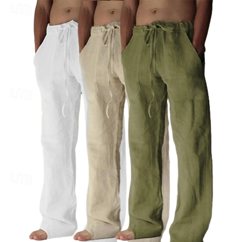 Homens Calças de linho Calças Calça verão Calças largas Calças de praia Bolsos Com Cordão Tecido Conforto Respirável Comprimento total Ioga Casual Diário Férias Estilo Clássico Khaki + Branco + Cinza de 2025 por $39.99 –P2