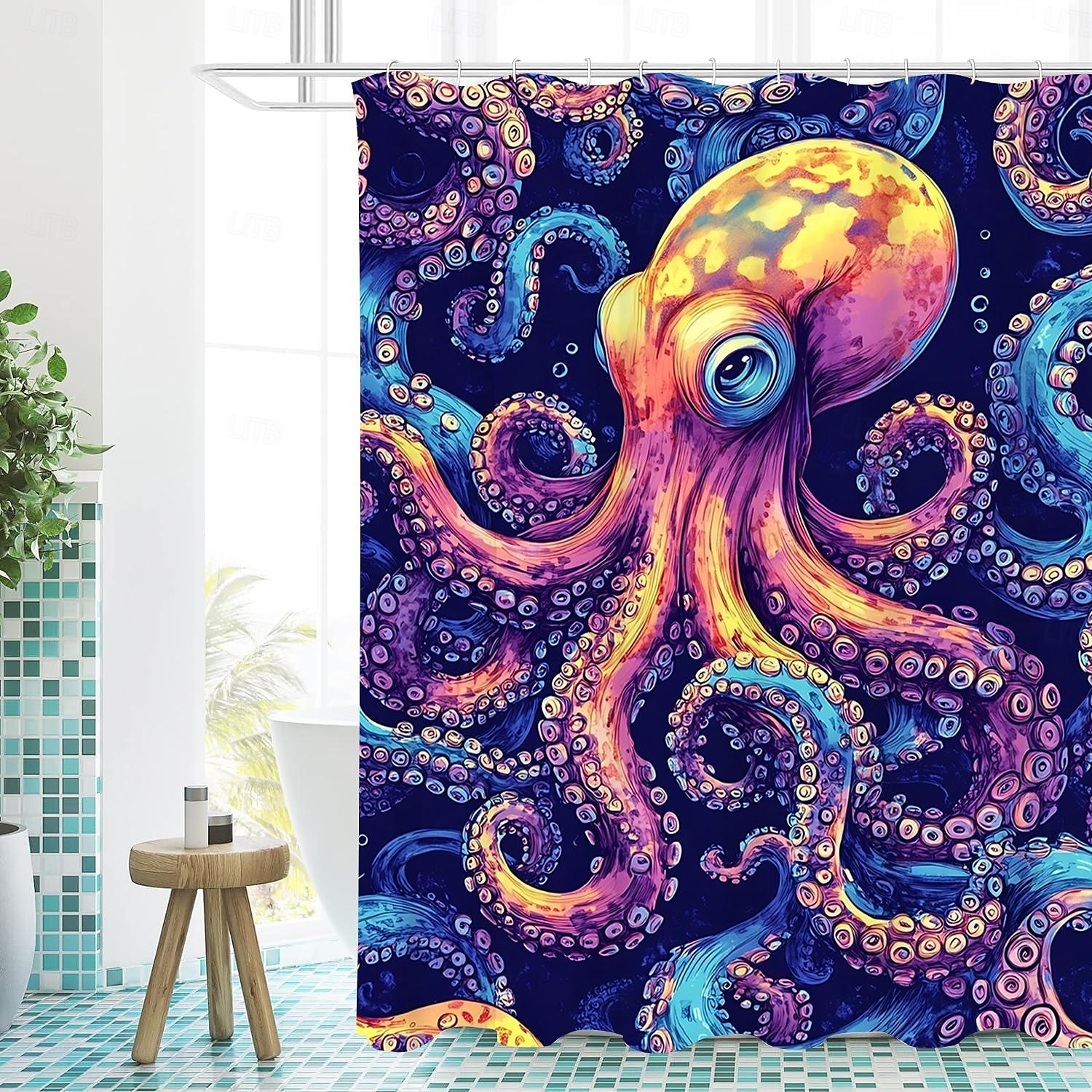 Perdea de duș cu animale oceanice, broaște țestoase, cu cârlige pentru baie, set de decor pentru baie, poliester, impermeabil, pachet de 12 cârlige din plastic 2026 - $22.99 –P9