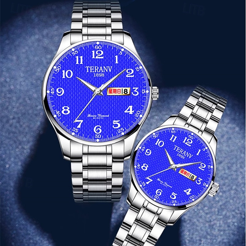 il s'agit d'une montre de couple élégante avec deux cadrans numériques ronds et des bracelets en acier inoxydable dotés d'un affichage de date lumineux étanche IPX7 du lundi au dimanche. c'est un de 2025 ? $28.99 –P6