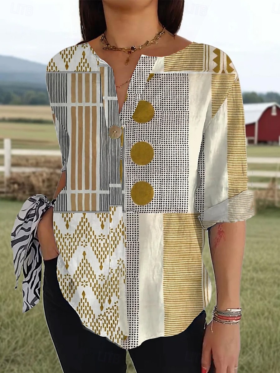 Femmes Chemise Fleuri Graphique Géométrique ancien Tropical Hawaïen Manche 3/4 Col ras du cou Hauts Réguliers Quotidien Fête Tenue de plage Imprimé Rose Claire Orange Kaki Été Printemps de 2025 ? $29.99 –P3
