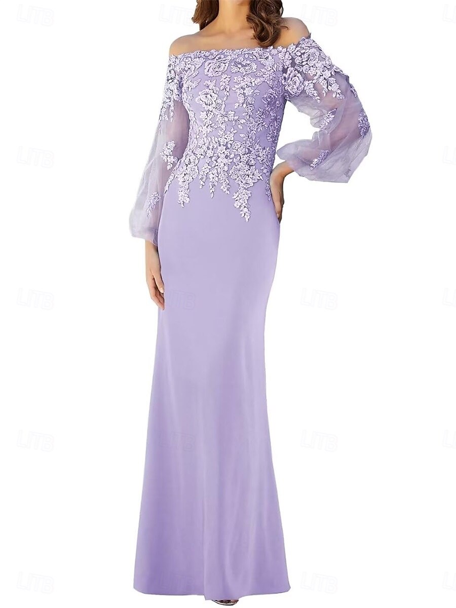 Meerjungfrau Trompeten Brautmutter Kleid Elegantes Off-Shoulder Bodenlang Spitze Lange Ärmel mit einfarbigem Material 2025 - $119.99 –P7