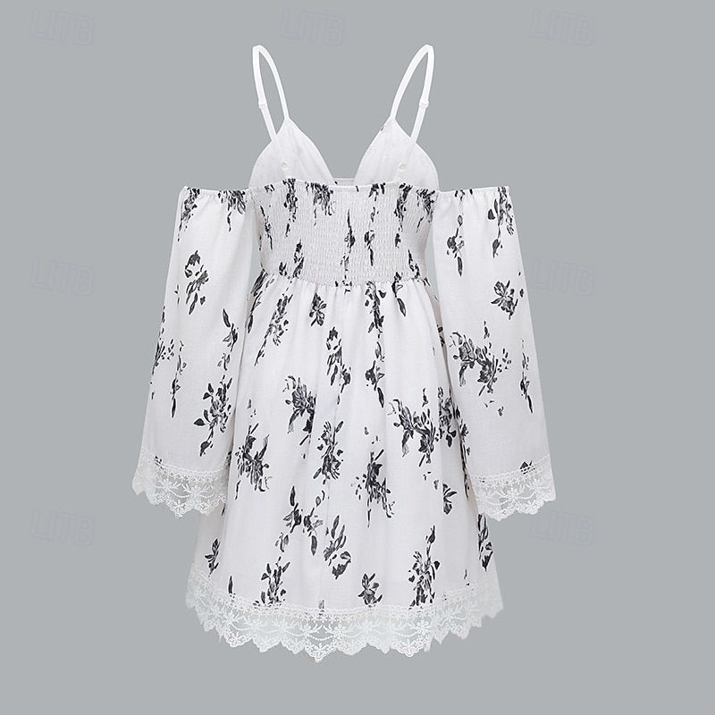 Damskie Sukienka mini Sukienka Boho Strój zachodni Moda Urlop Codzienny Wyjściowe Regularny Kwiat Długi rękaw W serek Biały Lato 2025 - $31.99 –P2