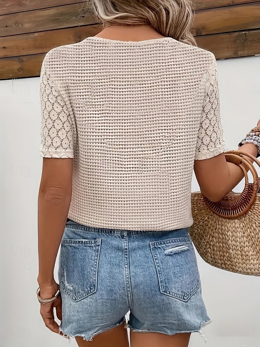 Femmes T-shirt Uni Mode Moderne Occasionnel Manche Courte Col en V Hauts Réguliers Quotidien Week-end Œillet Beige Été de 2025 ? $17.99 –P2