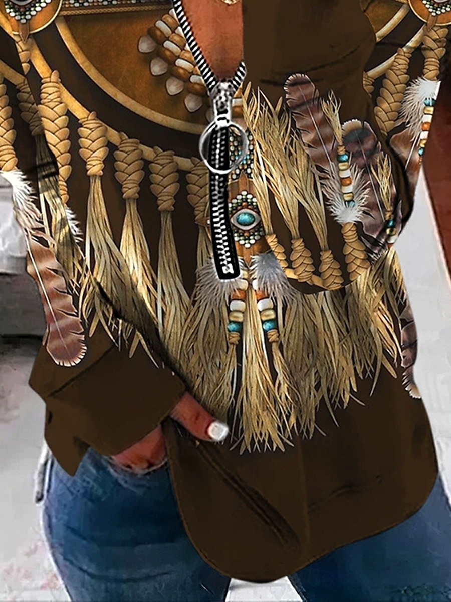 Svetr s čtvrtovým zipem pro ženy tribal ležérní dlouhý rukáv kulatý výstřih běžné kusy každodenní nošení potisk hnědý podzim zima 2025 - $27.99 –P3