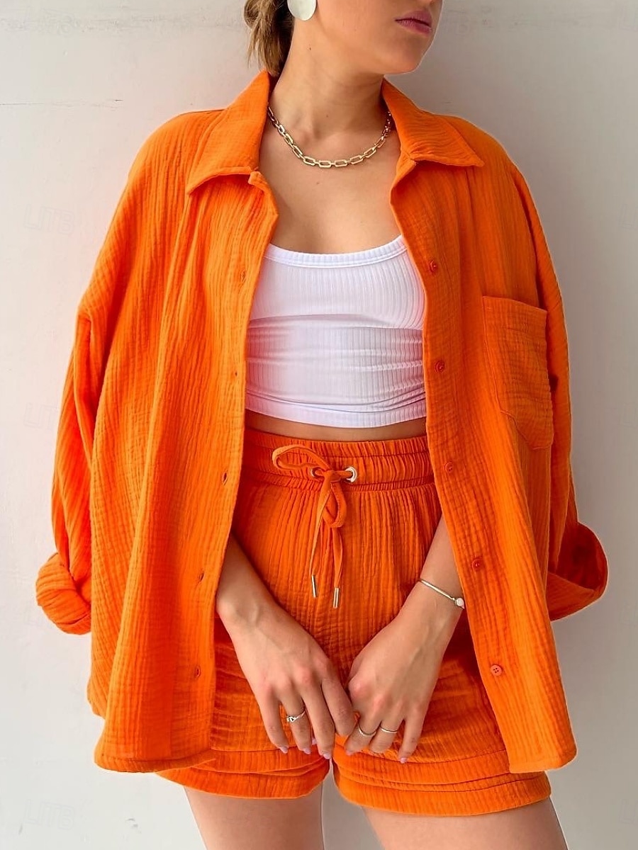 Dames Elegant Modieus Streetwear Katoenen linnen sets Lange mouw Overhemdkraag Effen Kleur Buiten Werk Casual Zwart Paars Oranje Zomer Ruim Passend 2025 - $26.99 –P6
