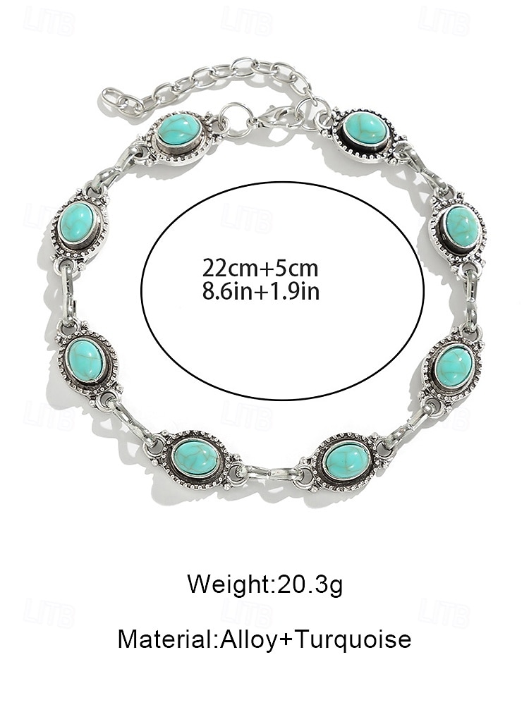 Women's Vintage Boho Turquoise Stone Anklet – Adjustable Silver Chain Bracelet with Oval Gem Charms for Summer Beach, Festival and Casual Wear 2026 - $7.99 –P8